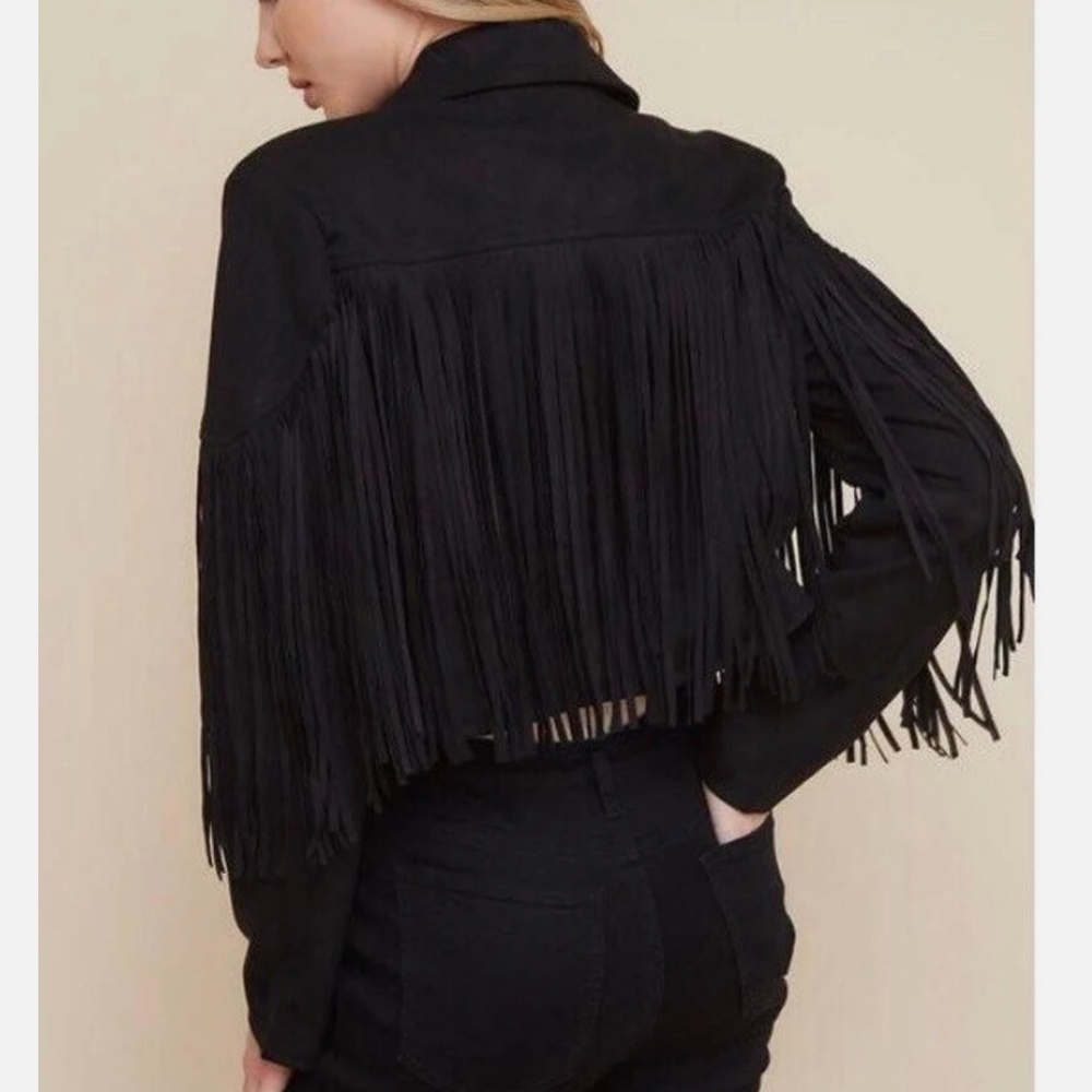 REVEROF Women's Black Faux Suede Leather Fringe Jacket Size L Western Cow Girl - Picture 9 of 10